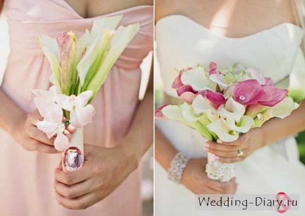 Нежнейшие белые и розовые каллы в свадебном букете