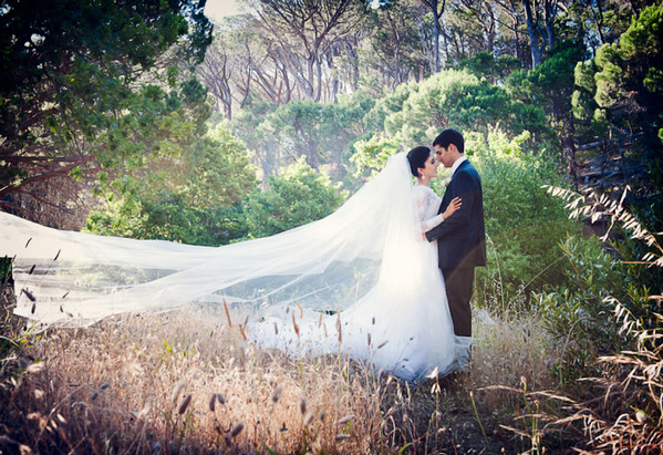 На фоне леса и травы Красивые молодожены