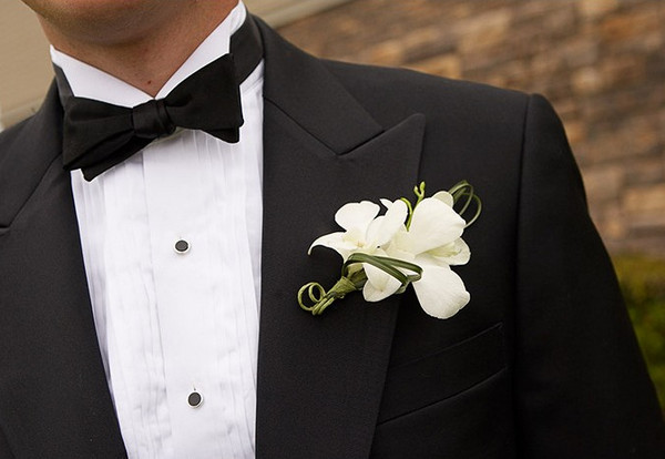 Классический образ жениха Черный галстук-бабочка и белая бутоньерка