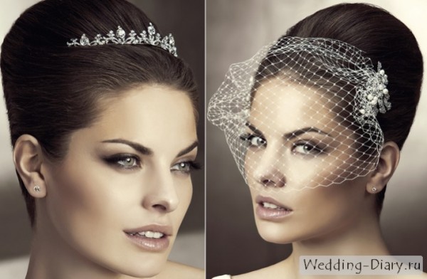 Украшение причёски диадемой и вуалью
