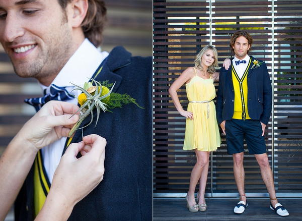 Стильные молодожены в желтом цвете Яркий жених в шортах и желтом джемпере