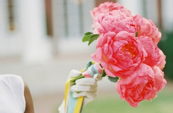 Однотонный букет из коралловых махровых пионов