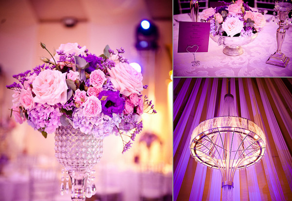 Оформление банкетного зала свадьбы в сиреневом цвете